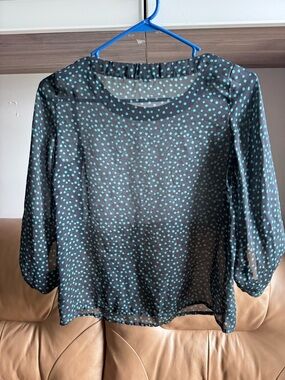 LOFT Black Sheer Blouse with Teal Polka Dots